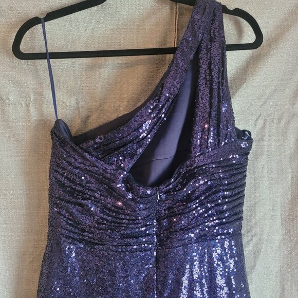 Rene Ruiz Women One-Shoulder Sequin Long Gown Purple Slit Drape Waist Sz12 $1595 - Picture 8 of 13